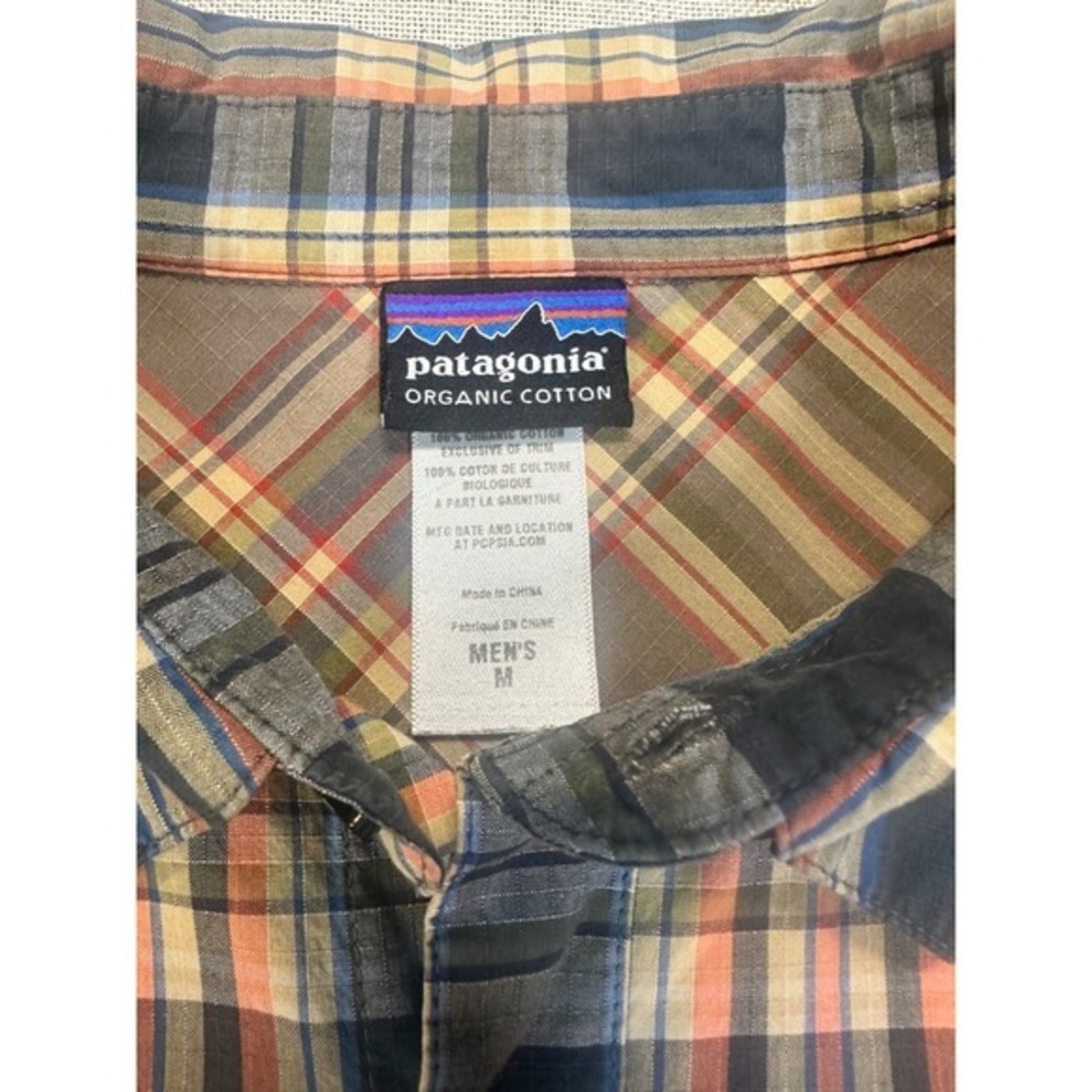 Patagonia Western Shirt Mens M Blue Orange Organic Cotton Ripstop Plaid Flawed - Picture 5 of 8
